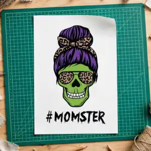 momster green skull messy bun design for mom life halloween shirts momster mom life halloween svg design printed on a plain product mockup