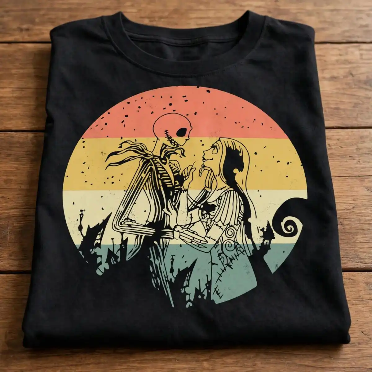 jack skellington and sally retro circle embrace halloween cut art jack skellington sally png design printed on a plain product mockup