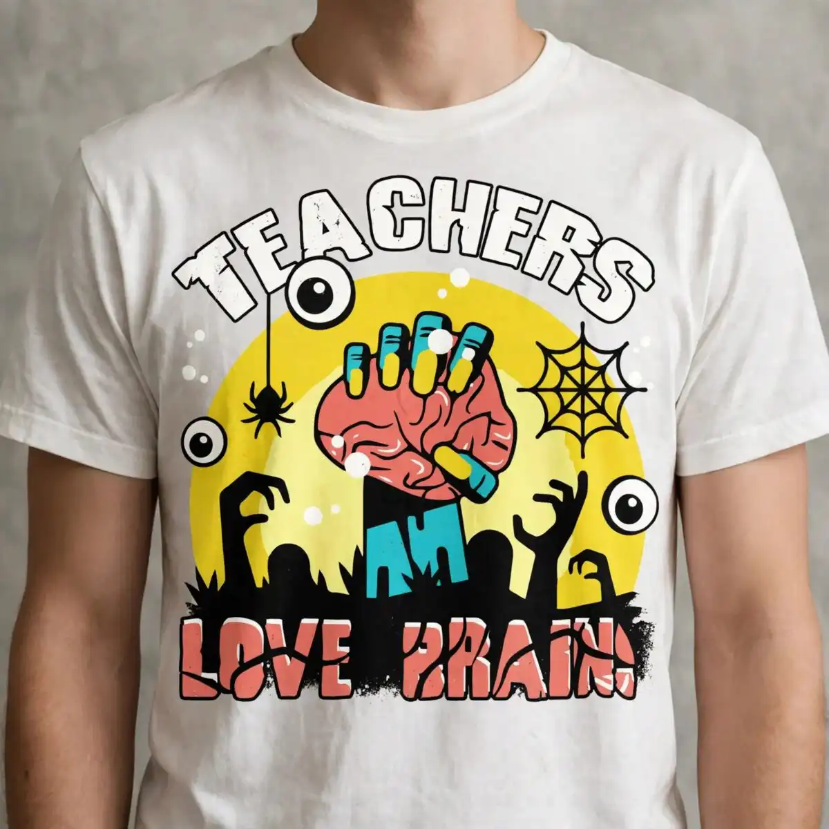 teachers love brains funny zombie halloween design with brain hand teachers love brains zombie svg design printed on a plain product mockup