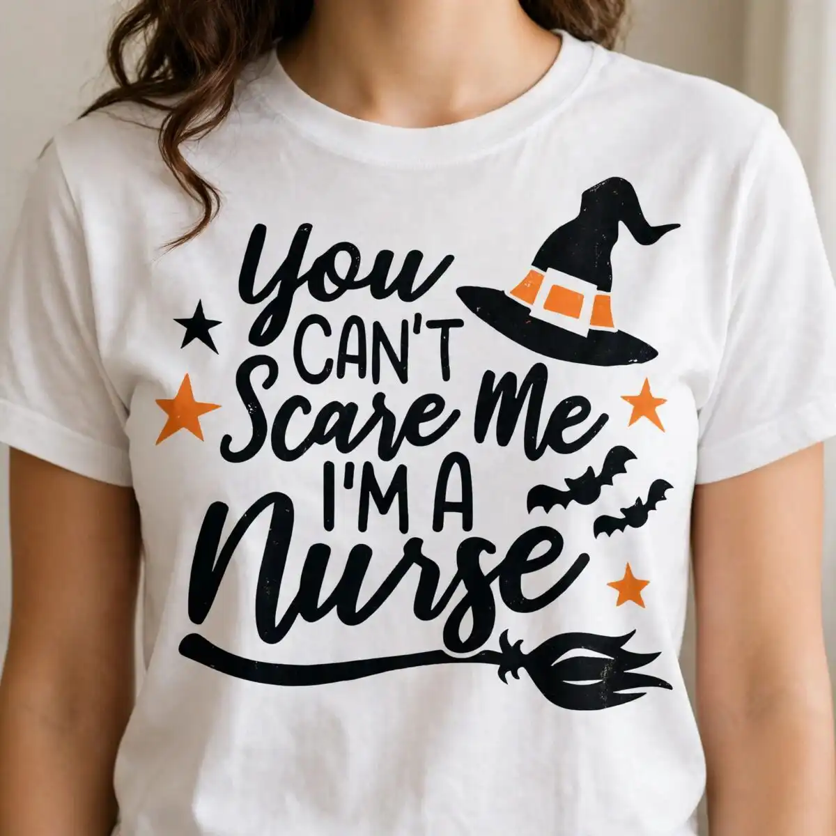 you can't scare me i'm a nurse halloween witch quote design halloween nurse svg design printed on a plain product mockup