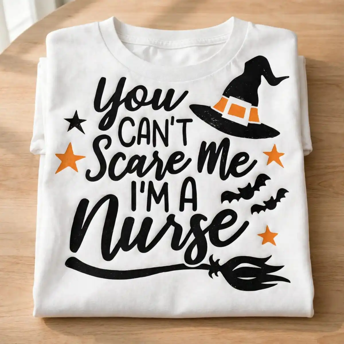 you can't scare me i'm a nurse halloween witch quote design halloween nurse svg design printed on a plain product mockup