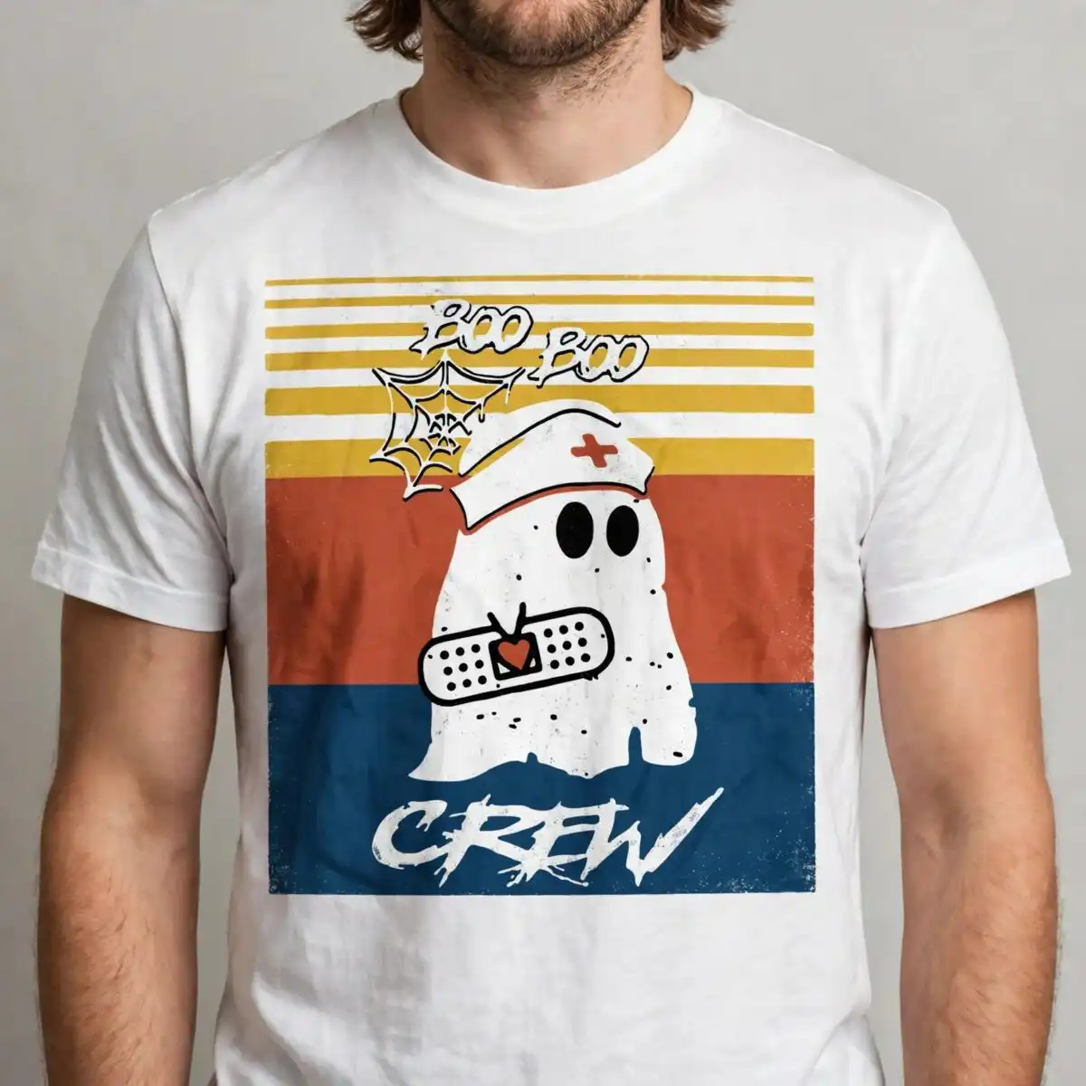 boo boo crew halloween cartoon ghost nurse hat shirt design halloween cartoon ghost nurse hat svg design printed on a plain product mockup