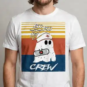 boo boo crew halloween cartoon ghost nurse hat shirt design halloween cartoon ghost nurse hat svg design printed on a plain product mockup