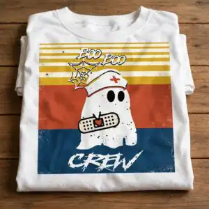 boo boo crew halloween cartoon ghost nurse hat shirt design halloween cartoon ghost nurse hat svg design printed on a plain product mockup