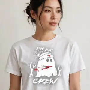 boo boo crew halloween cartoon ghost nurse syringe design for shirts halloween cartoon ghost nurse syringe svg design printed on a plain product mockup