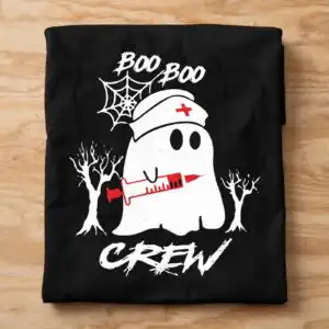 boo boo crew halloween cartoon ghost nurse syringe design for shirts halloween cartoon ghost nurse syringe svg design printed on a plain product mockup