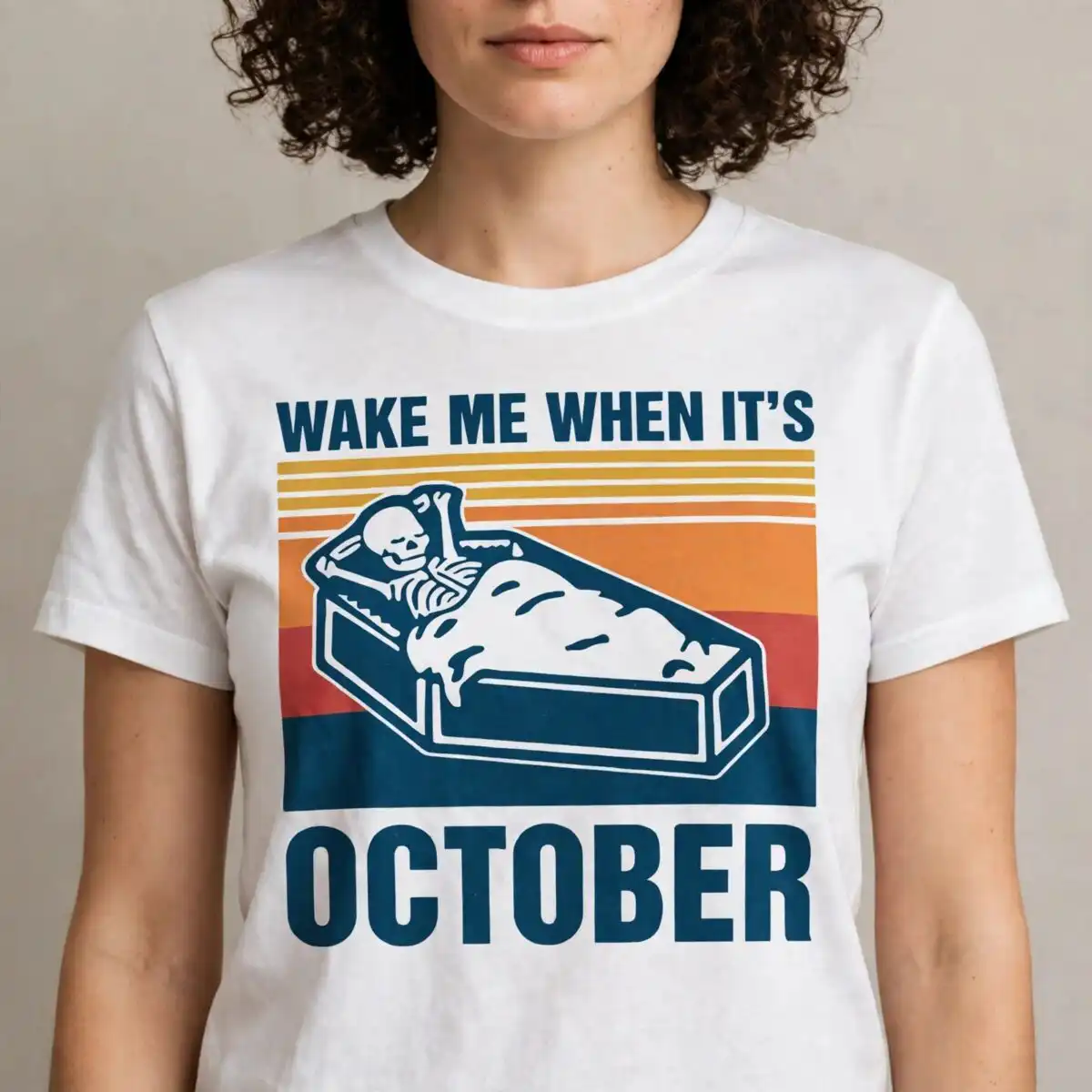 skeleton lounging in coffin wake me when it's october retro halloween design skeleton wake me when svg design printed on a plain product mockup