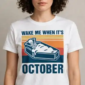 skeleton lounging in coffin wake me when it's october retro halloween design skeleton wake me when svg design printed on a plain product mockup