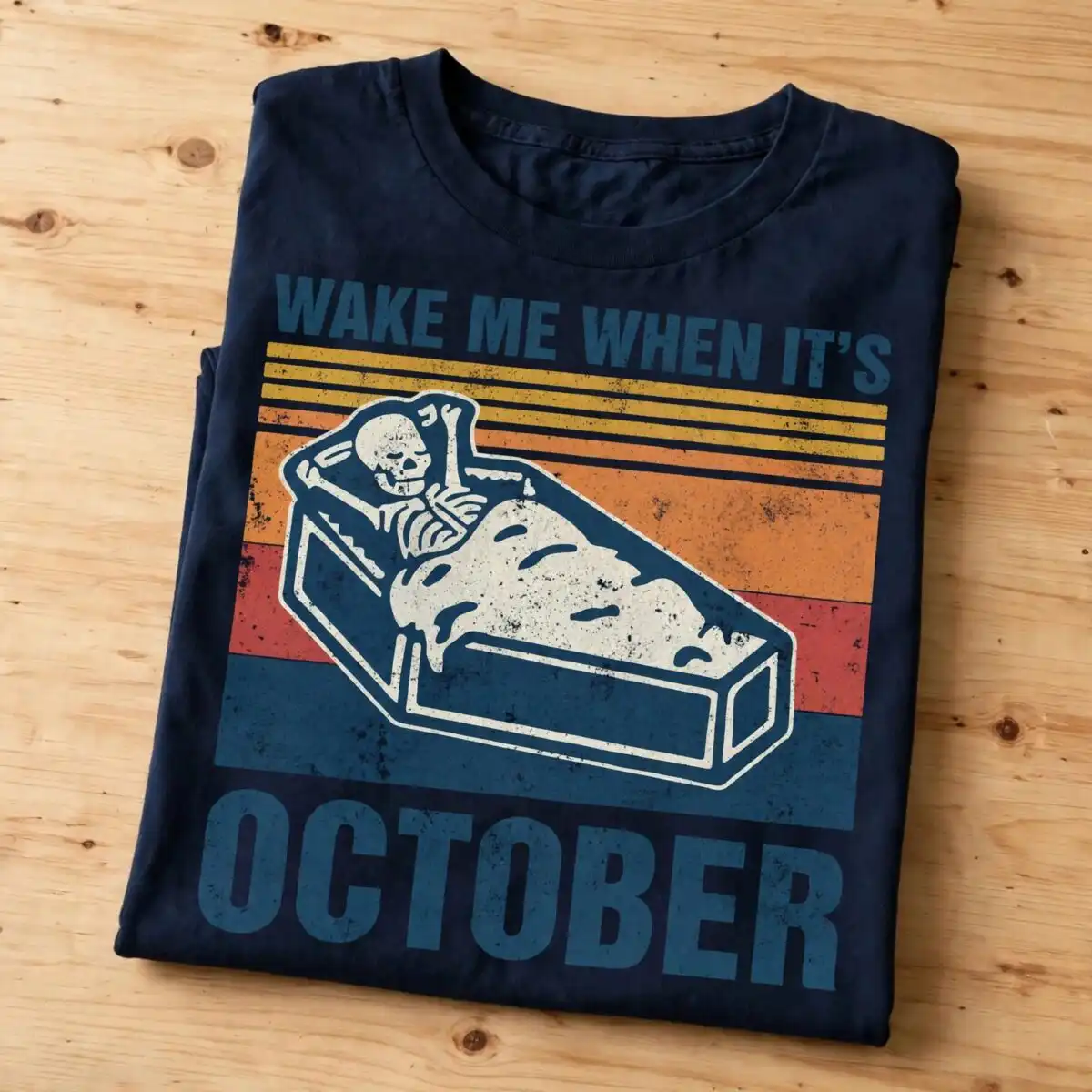 skeleton lounging in coffin wake me when it's october retro halloween design skeleton wake me when svg design printed on a plain product mockup