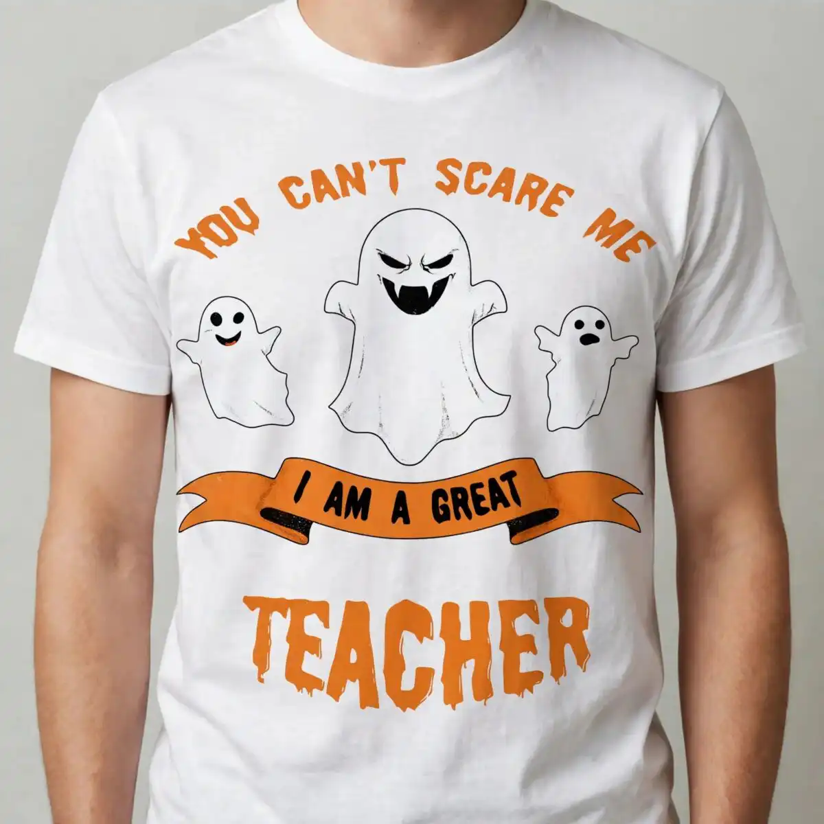 three cartoon ghosts halloween svg design printed on a plain product mockup