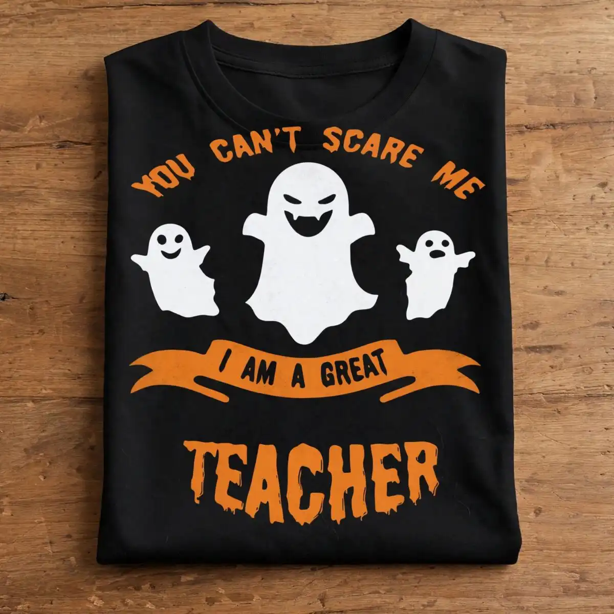 three cartoon ghosts halloween svg design printed on a plain product mockup