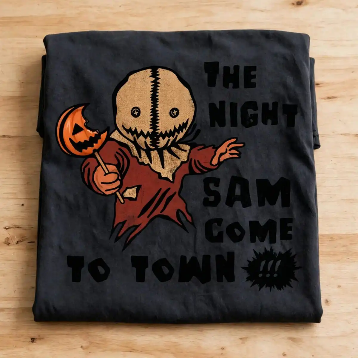 the night sam come to town halloween cartoon burlap character design night sam come town svg design printed on a plain product mockup
