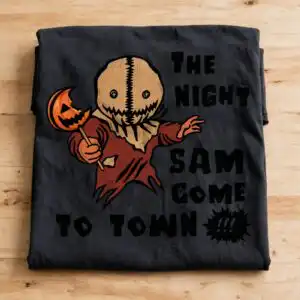 the night sam come to town halloween cartoon burlap character design night sam come town svg design printed on a plain product mockup