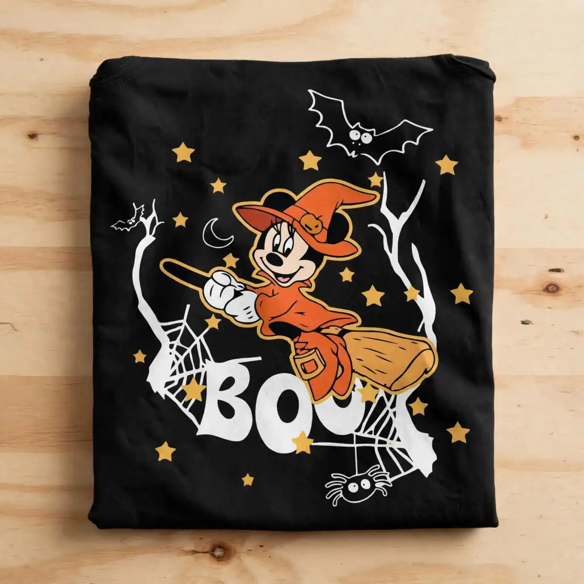 minnie mouse halloween witch broom boo design for shirts and stickers minnie mouse halloween svg design printed on a plain product mockup
