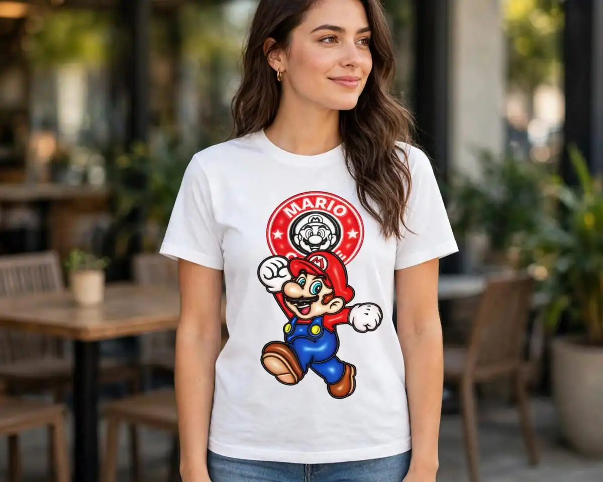 mario 3d inflated puffy svg design printed on a plain product mockup