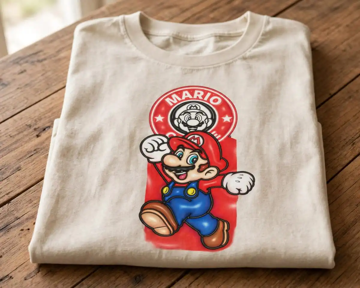 mario 3d inflated puffy svg design printed on a plain product mockup