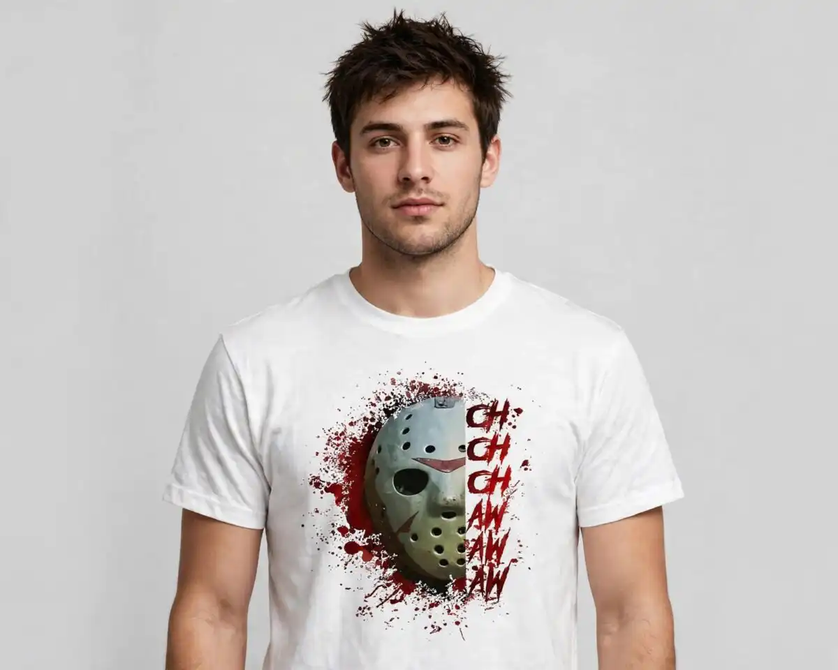 horror movie shirt png design printed on a plain product mockup