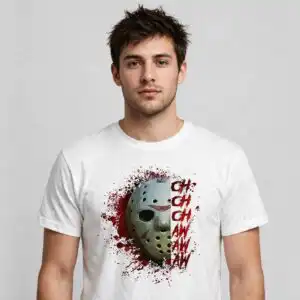 horror movie shirt png design printed on a plain product mockup