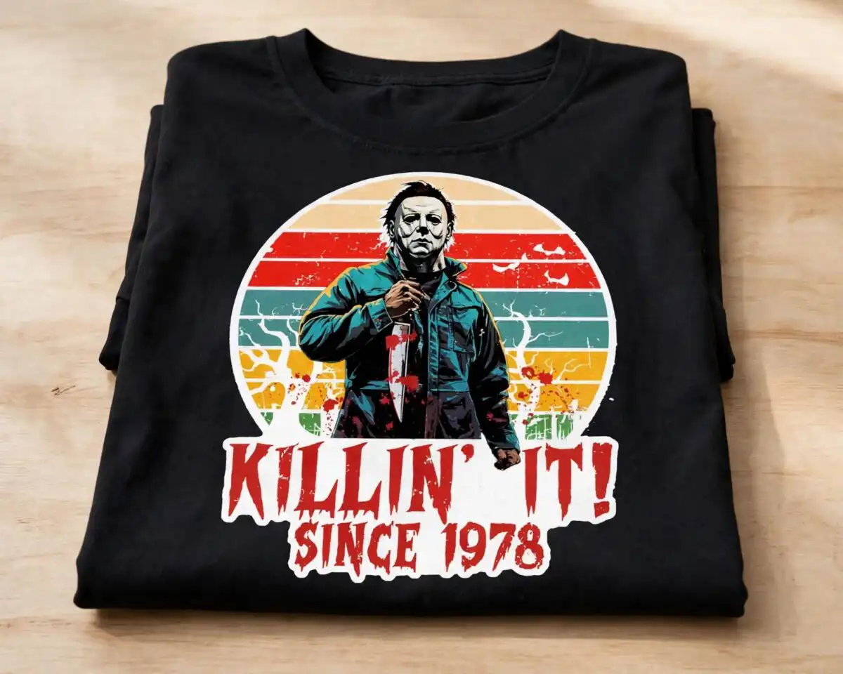 horror movie shirt png design printed on a plain product mockup