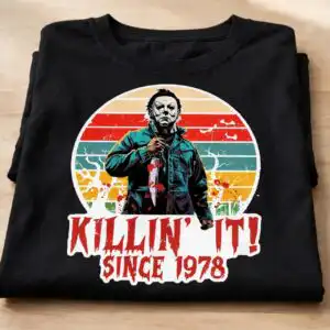 horror movie shirt png design printed on a plain product mockup