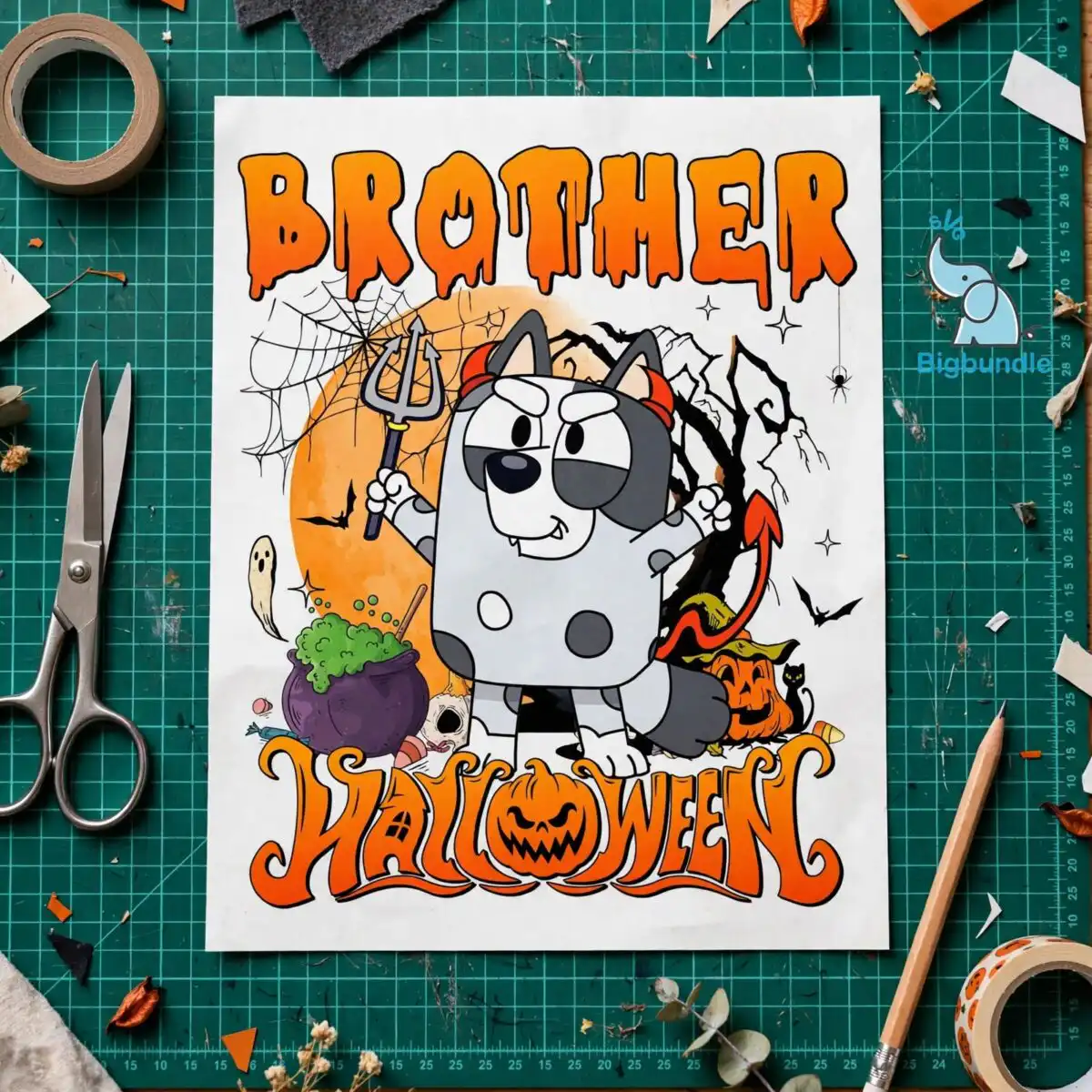 brother bluey halloween bluey devil dog sublimation png for kids brother bluey halloween bluey png design printed on a plain product mockup