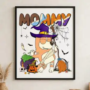 bluey chilli mommy halloween png - cartoon dog witch hat sublimation bluey chilli png design printed on a plain product mockup