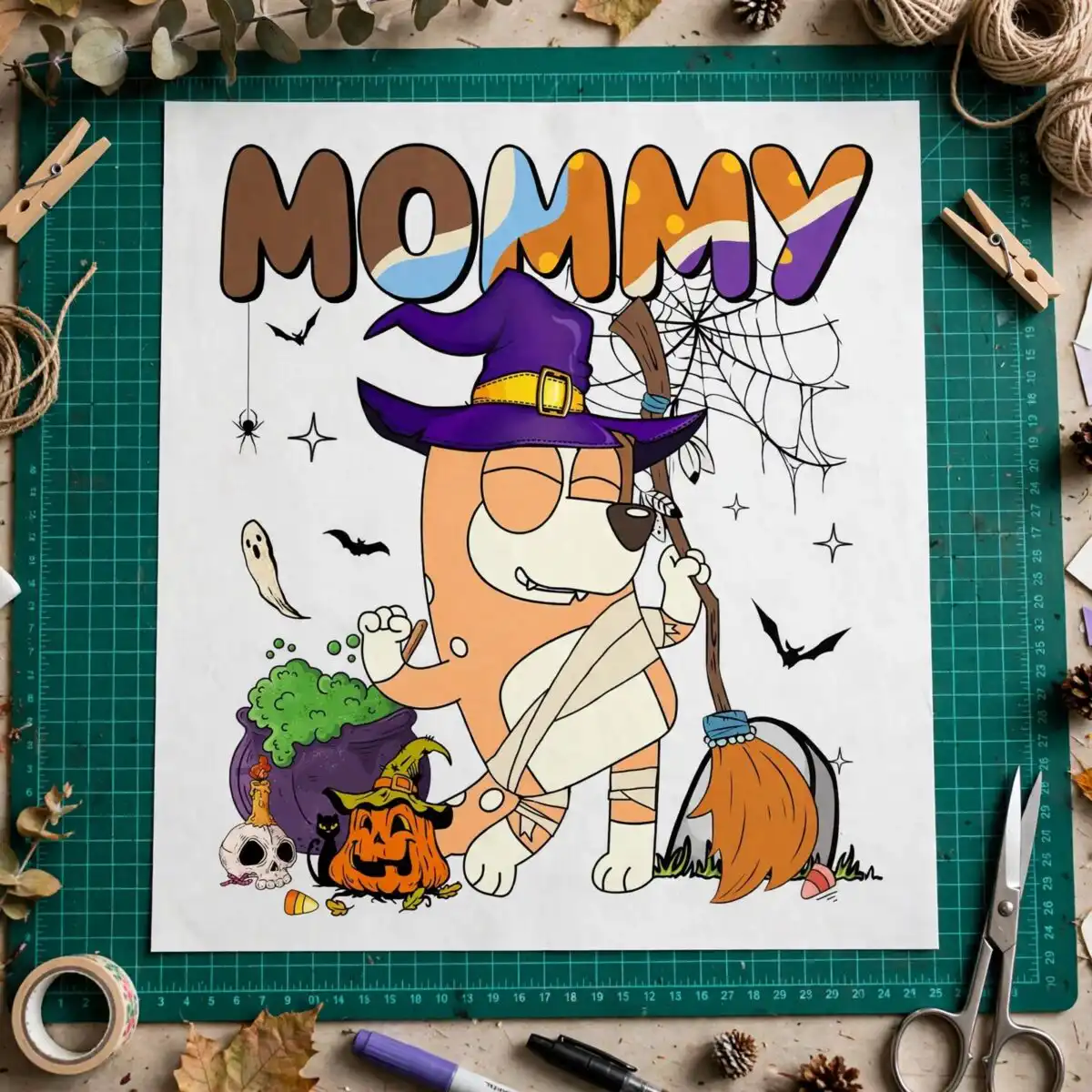 bluey chilli mommy halloween png - cartoon dog witch hat sublimation bluey chilli png design printed on a plain product mockup
