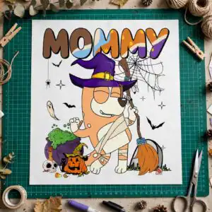 bluey chilli mommy halloween png - cartoon dog witch hat sublimation bluey chilli png design printed on a plain product mockup
