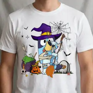 bluey heeler halloween witch dog with cauldron and pumpkin bluey heeler png design printed on a plain product mockup