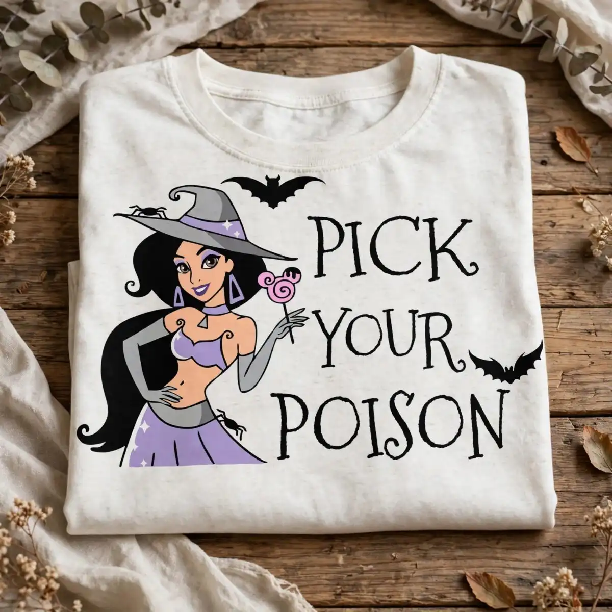 pick your poison halloween witch design for shirts and tumblers pick your poison png design printed on a plain product mockup