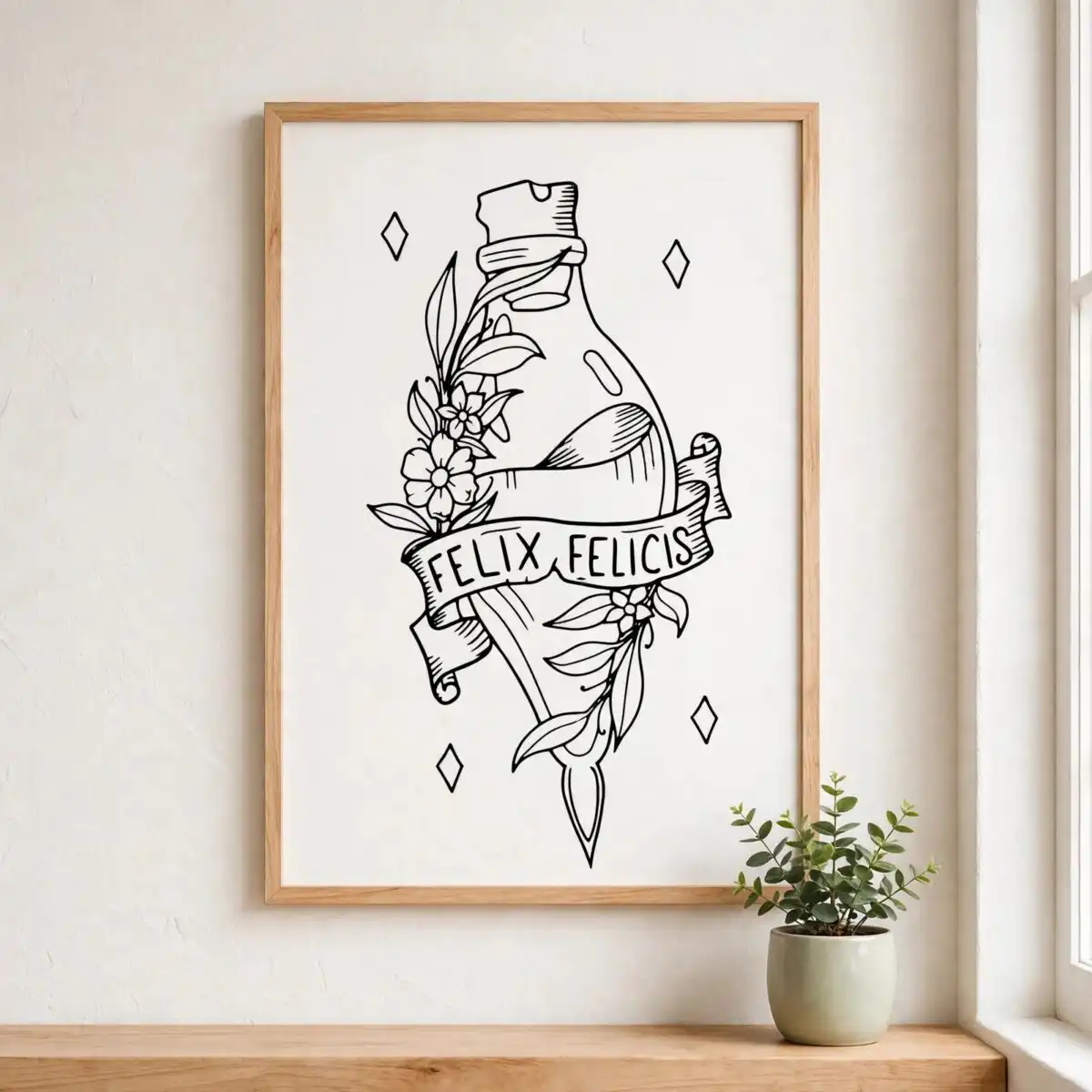 felix felicis potion harry svg line art bottle with flowers for harry potter fans felix felicis potion harry svg design printed on a plain product mockup