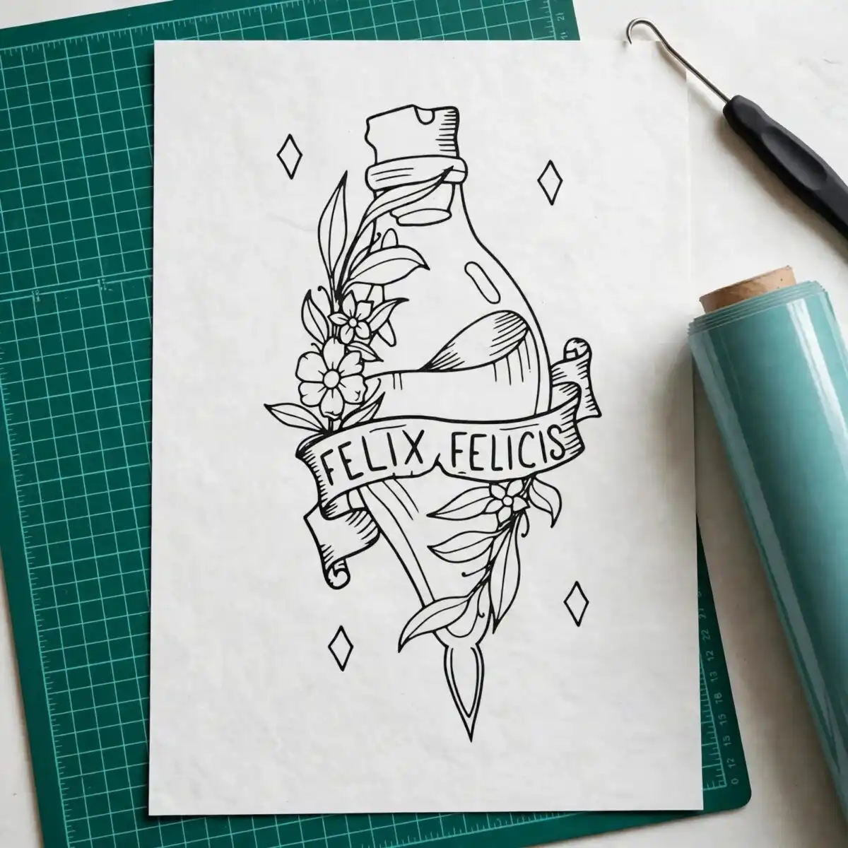 felix felicis potion harry svg line art bottle with flowers for harry potter fans felix felicis potion harry svg design printed on a plain product mockup
