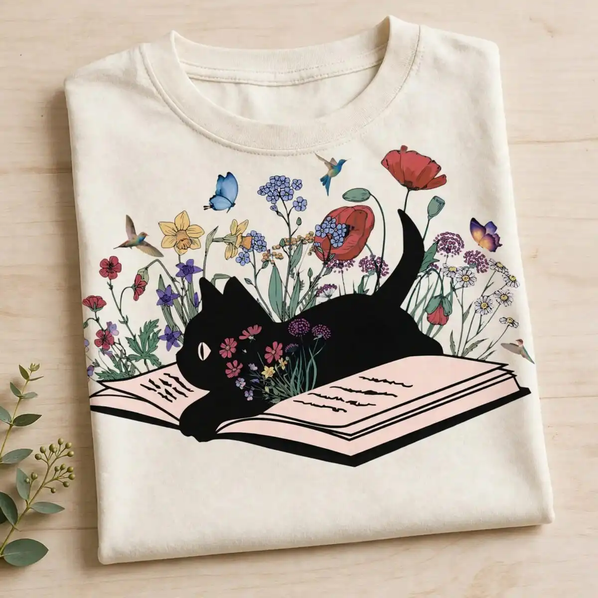 black cat lying on book with wildflowers png image for book lovers black cat png image design printed on a plain product mockup
