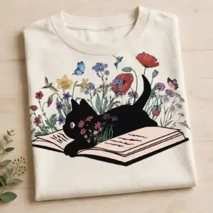 black cat lying on book with wildflowers png image for book lovers black cat png image design printed on a plain product mockup