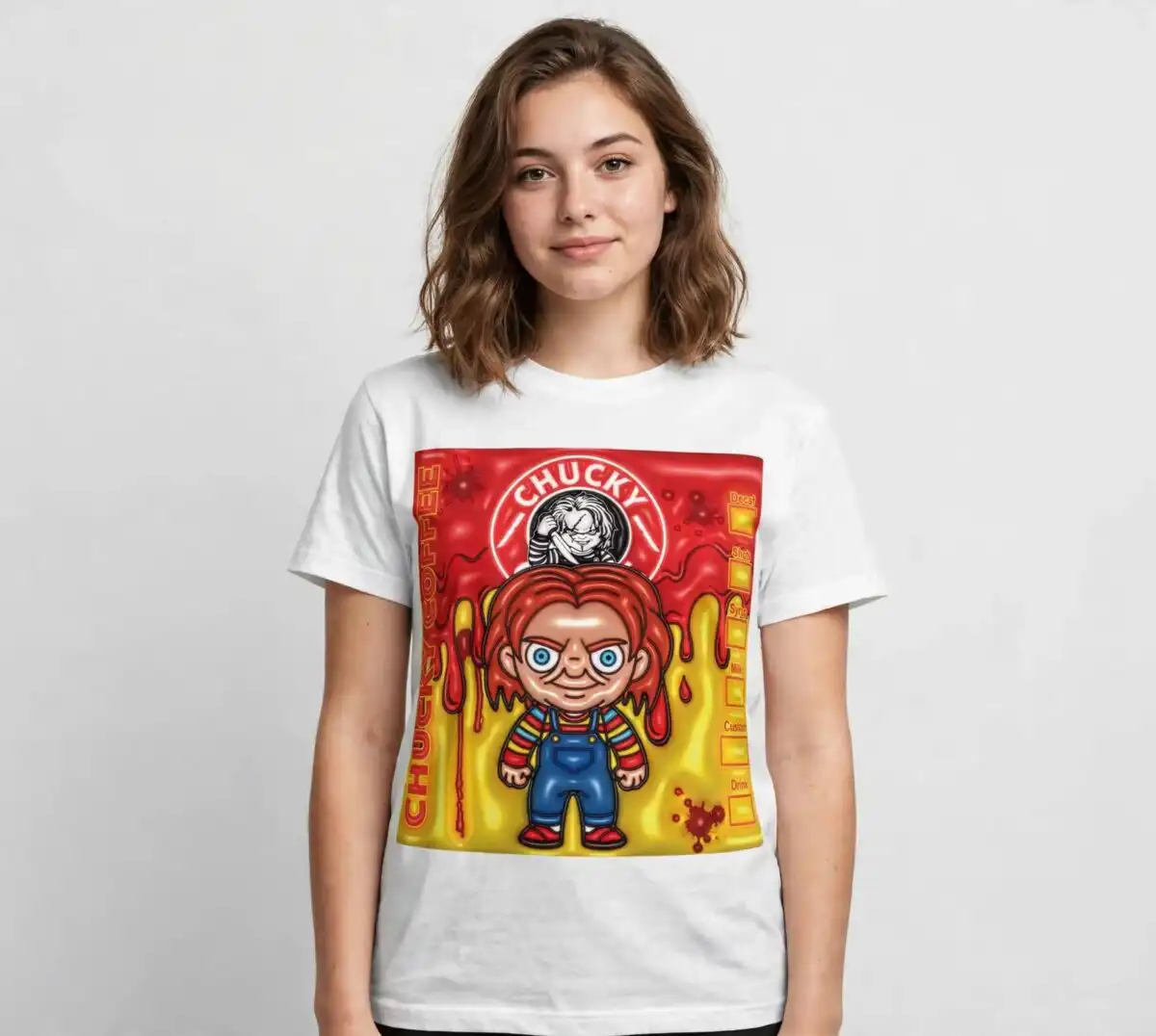 chucky doll png design printed on a plain product mockup