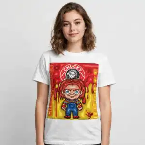 chucky doll png design printed on a plain product mockup