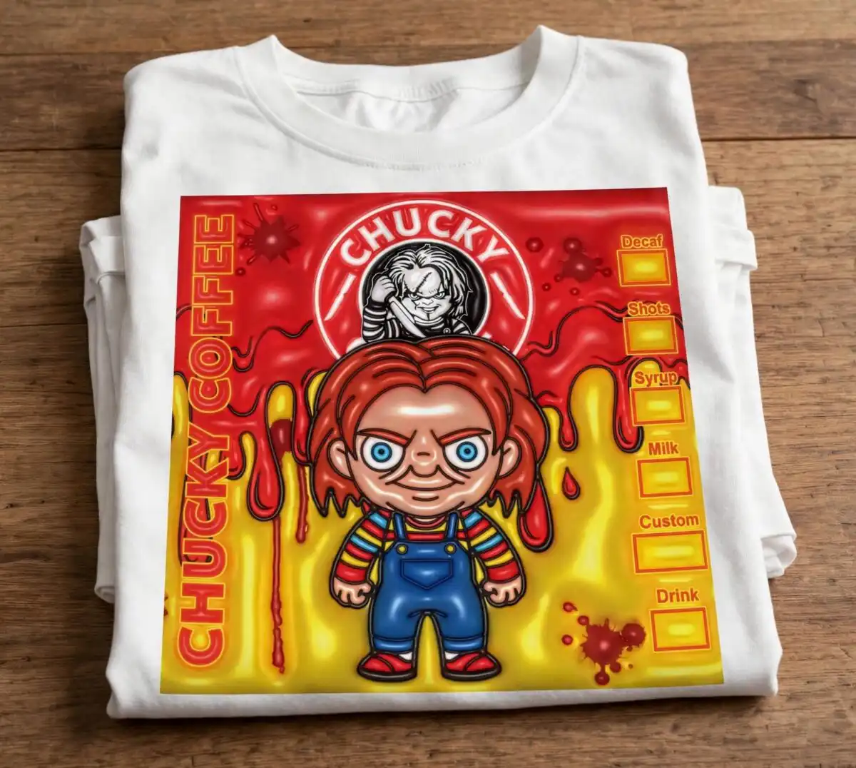 chucky doll png design printed on a plain product mockup