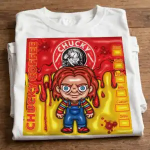 chucky doll png design printed on a plain product mockup