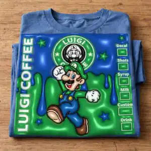 mario and luigi logo png design printed on a plain product mockup