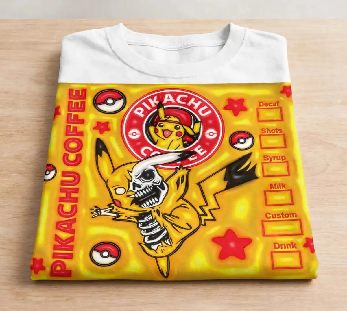 pikachu halloween inflated 3d coffee tumbler wrap with skeleton costume pikachu halloween inflated 3d png design printed on a plain product mockup