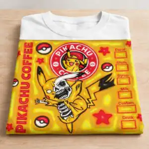 pikachu halloween inflated 3d coffee tumbler wrap with skeleton costume pikachu halloween inflated 3d png design printed on a plain product mockup