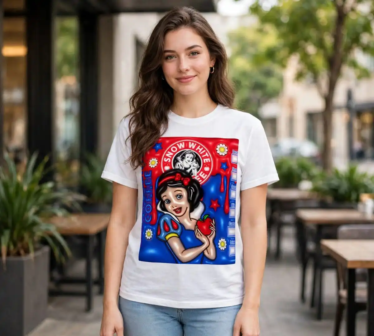 princess snow white png coffee shop tumbler wrap with red bow and apple princess snow white png design printed on a plain product mockup
