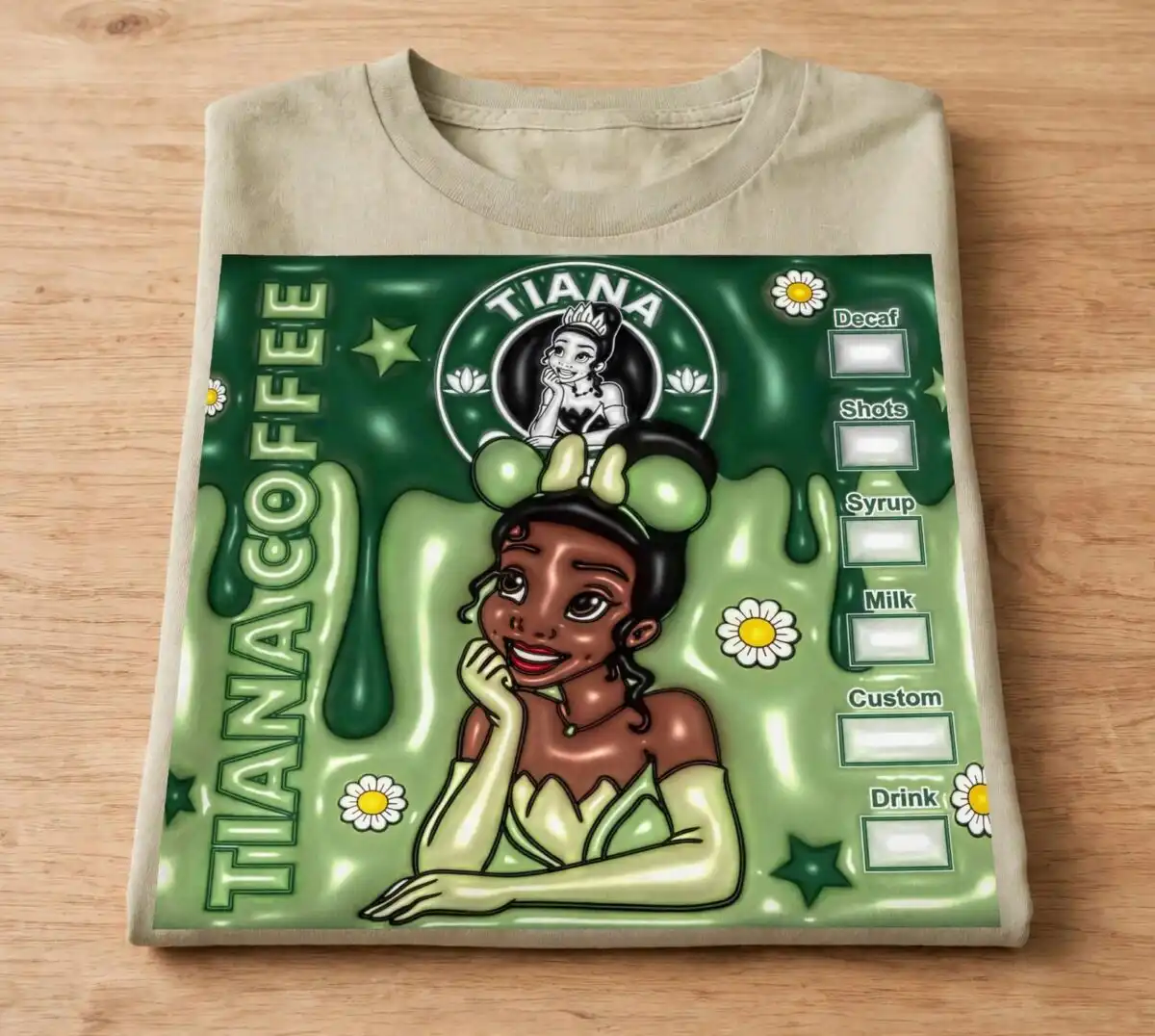 princess tiana inflated 3d coffee parody tumbler wrap with puffy drips princess tiana inflated 3d png design printed on a plain product mockup