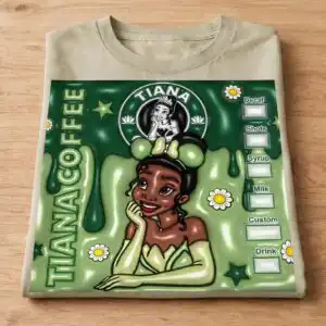 princess tiana inflated 3d coffee parody tumbler wrap with puffy drips princess tiana inflated 3d png design printed on a plain product mockup