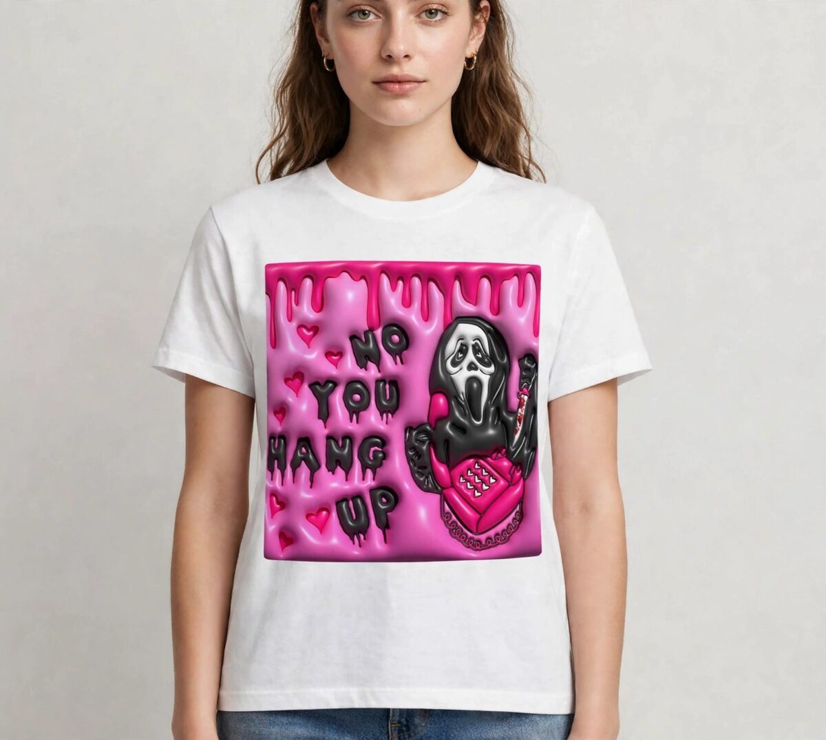 spooky playful ghostface scream wrap with pink phone and puffy text ghostface png scream design printed on a plain product mockup