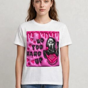 spooky playful ghostface scream wrap with pink phone and puffy text ghostface png scream design printed on a plain product mockup