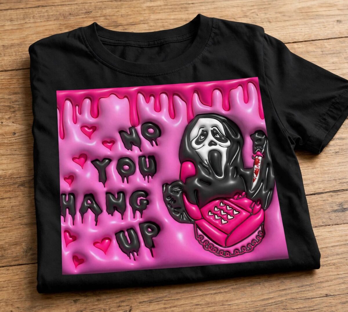 spooky playful ghostface scream wrap with pink phone and puffy text ghostface png scream design printed on a plain product mockup