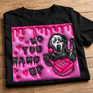 spooky playful ghostface scream wrap with pink phone and puffy text ghostface png scream design printed on a plain product mockup