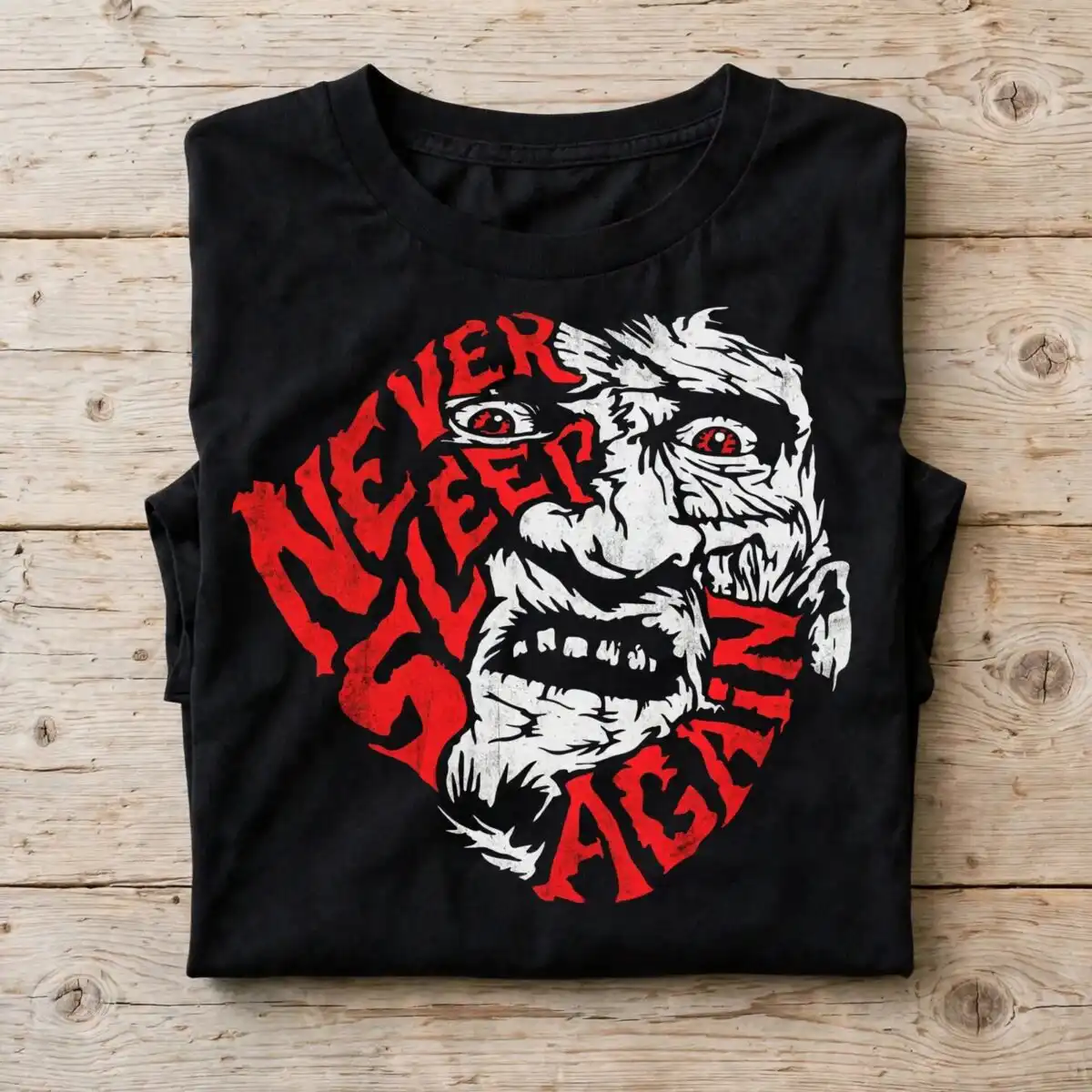 freddy krueger never sleep again horror face halloween shirt design freddy krueger never sleep png design printed on a plain product mockup