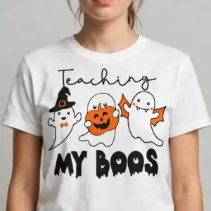 teaching my boo halloween design with three cute ghosts for teachers teaching my boo halloween svg design printed on a plain product mockup